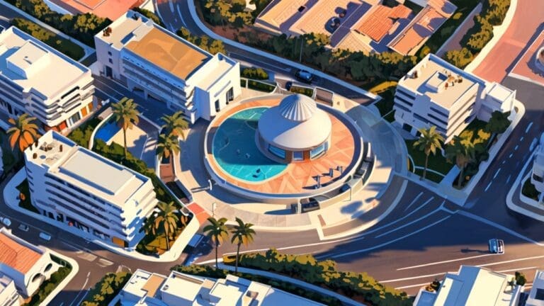 Vista aérea del centro de convenciones de Marbella con tecnología moderna y ambiente innovador