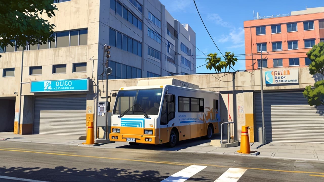 Camioneta eléctrica estacionada en un entorno urbano moderno en Los Ángeles, con edificios altos de fondo