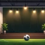 Primer plano de figuras articuladas de fútbol sobre estantes iluminados en un ambiente moderno de startup
