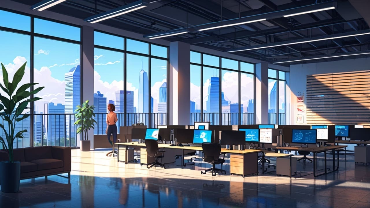 Oficinas modernas de startups en un centro tecnológico en expansión, vista interior