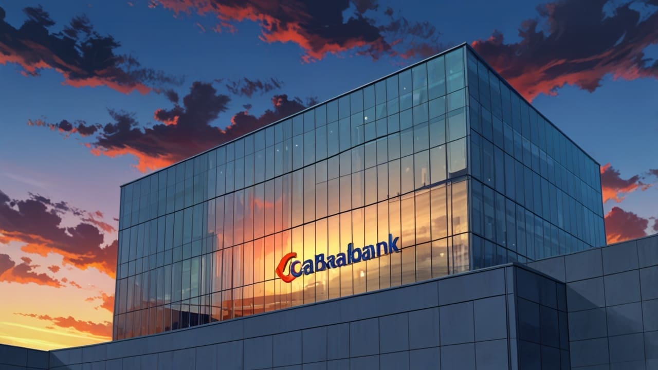 Edificio corporativo moderno con el logo de CaixaBank visible al atardecer