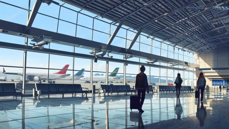 Terminal de aeropuerto con aviones de aerolínea y equipos tecnológicos brillando a la luz del día