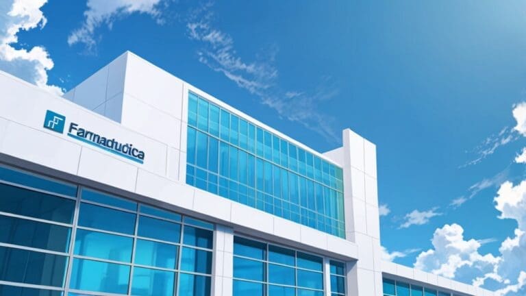 Edificio moderno de empresa farmacéutica con fondo de cielo azul