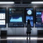 Oficina moderna con pantallas mostrando gráficos de inteligencia artificial en acción