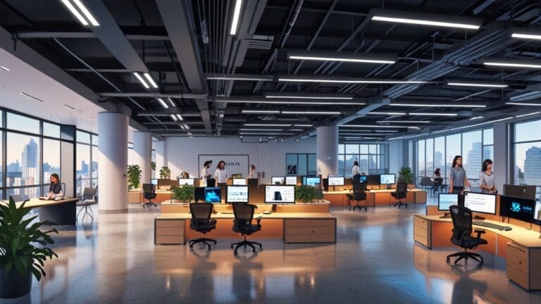 Oficinas modernas de una startup tecnológica con equipos de trabajo colaborando