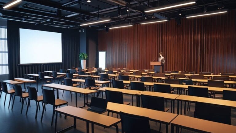 Sala de conferencias moderna con emprendedores y laptops en mesas, ambiente tecnológico y corporativo