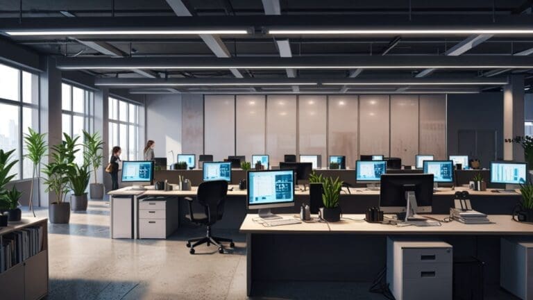 Oficinas modernas y tecnológicas con ordenadores y mesas de trabajo al fondo