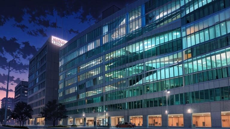 Edificios modernos de oficinas tecnológicas con luces encendidas al anochecer