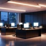 Oficinas modernas con ordenadores y dispositivos tecnológicos en un entorno iluminado