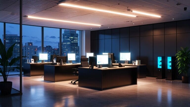 Oficinas modernas con ordenadores y dispositivos tecnológicos en un entorno iluminado