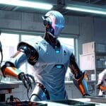 Robots avanzados de IA en un entorno de laboratorio tecnológico futurista.