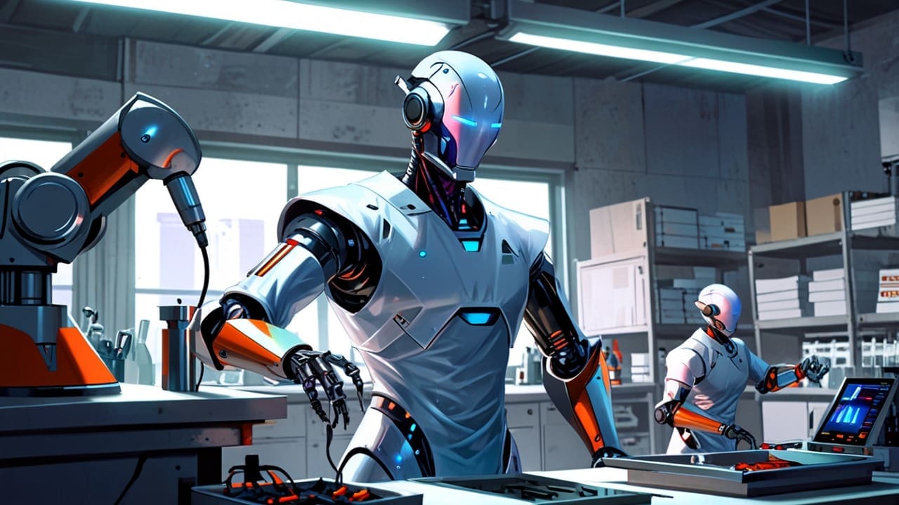 Robots avanzados de IA en un entorno de laboratorio tecnológico futurista.