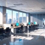 Oficinas modernas con equipos tecnológicos y pantallas mostrando datos ambientales.