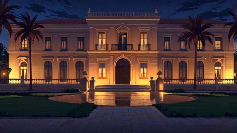 Vista del Palacio de la Oliva iluminado al anochecer en un evento tecnológico