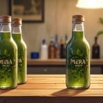 Botellas de yerba mate fría sobre una mesa de madera en una oficina moderna