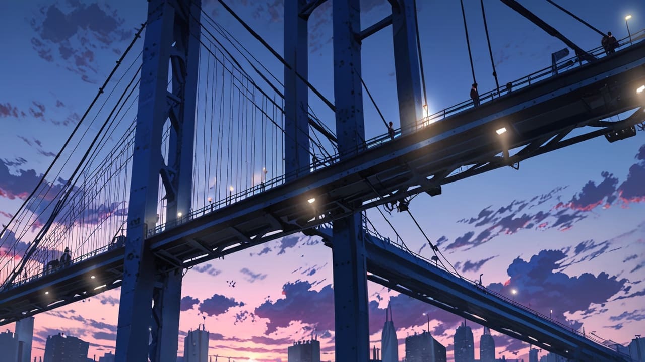 Una ciudad moderna con rascacielos y puentes icónicos al atardecer, representando un entorno internacional y tecnológico.