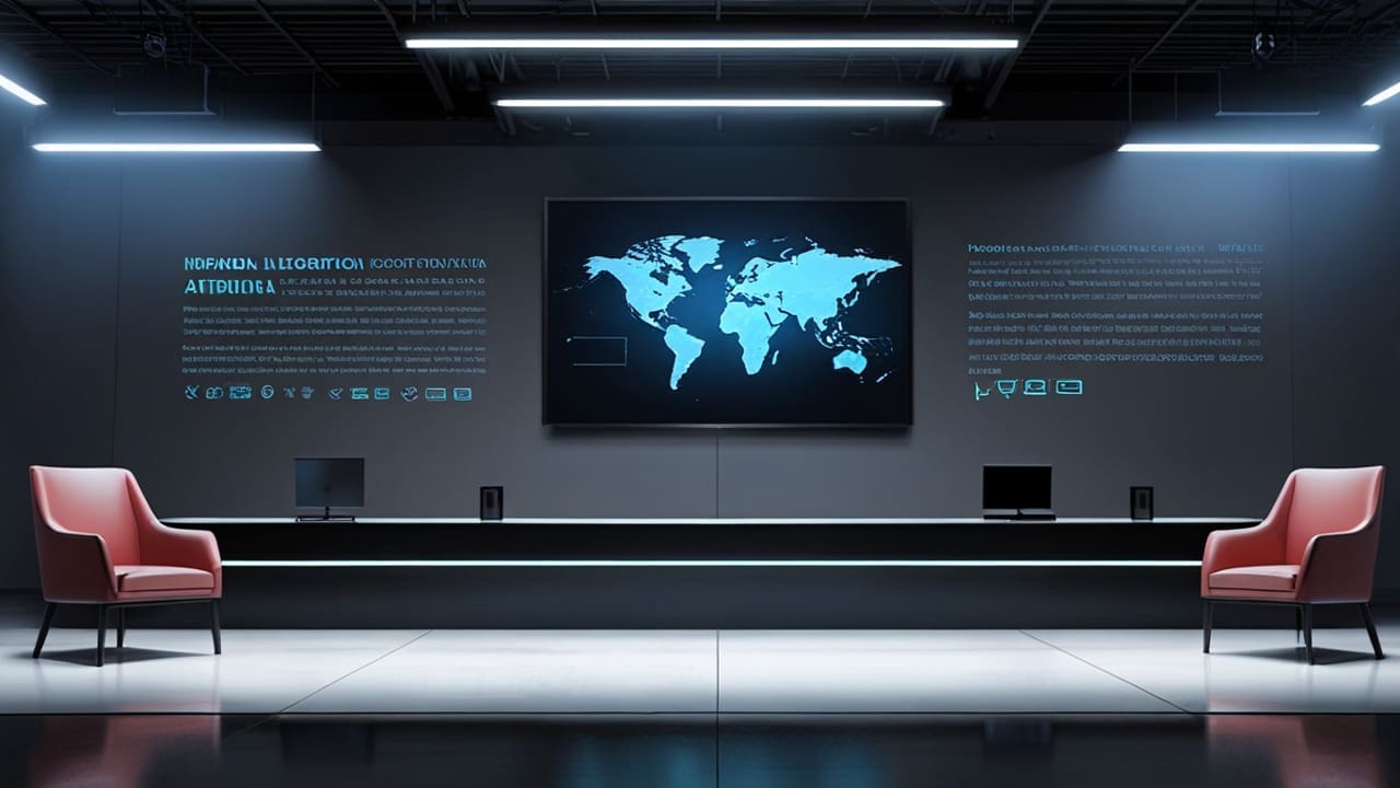 Escenario corporativo moderno con interfaz de inteligencia artificial en pantalla digital.