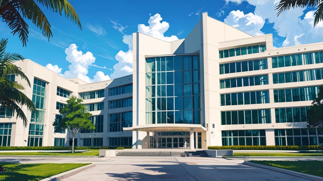 Exterior moderno de un campus universitario en Miami con edificios de tecnología