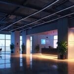 Oficinas modernas de una startup tecnológica con dispositivos digitales en un entorno iluminado