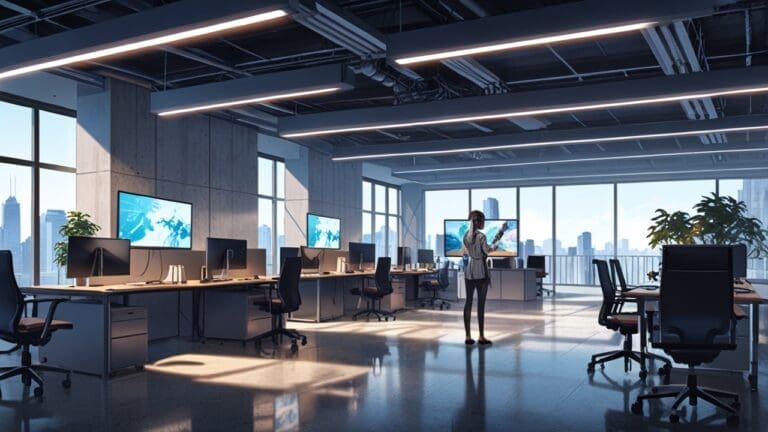 Espacio de oficina moderno con equipos de alta tecnología y pantallas digitales