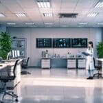 Espacio moderno de oficina con equipos tecnológicos y pantallas mostrando datos médicos