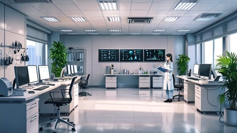 Espacio moderno de oficina con equipos tecnológicos y pantallas mostrando datos médicos