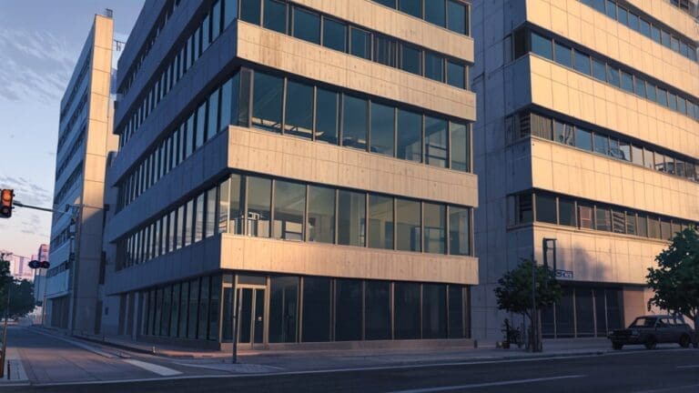 Fachada moderna de un edificio de oficinas en un centro urbano tecnológico al amanecer