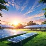 Vista moderna de instalaciones solares en un parque tecnológico al amanecer