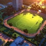 Vista aérea de un moderno parque tecnológico iluminado al atardecer