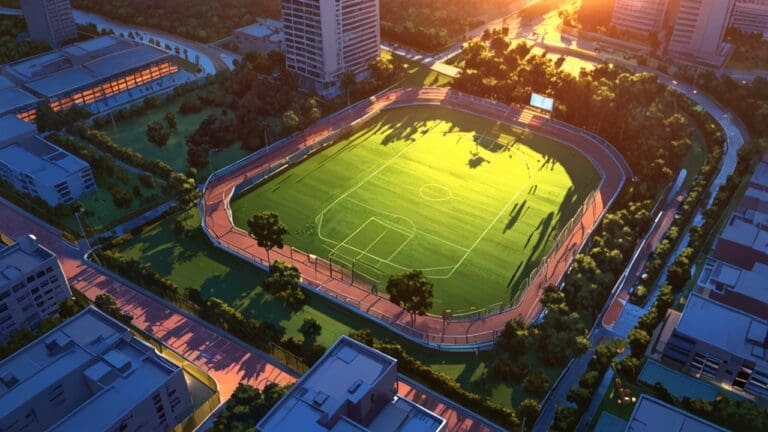 Vista aérea de un moderno parque tecnológico iluminado al atardecer