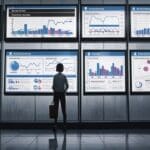 Oficinas modernas con pantallas mostrando código y gráficos de análisis de datos