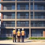 Dos empresarios analizando planos de un moderno edificio residencial en una oficina luminosa