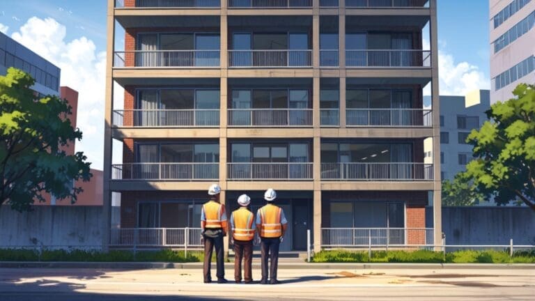 Dos empresarios analizando planos de un moderno edificio residencial en una oficina luminosa