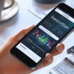 Pantalla de smartphone mostrando una app de gestión financiera sobre un escritorio moderno