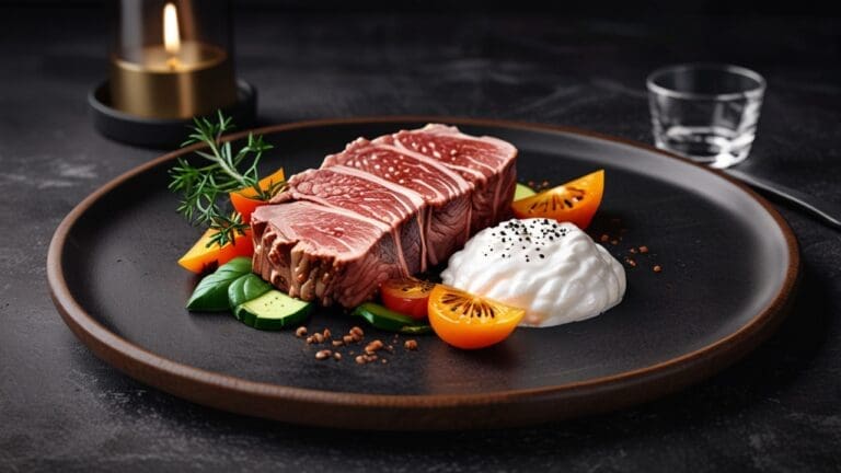 Plato gourmet de carne de cocodrilo sobre mesa moderna y minimalista