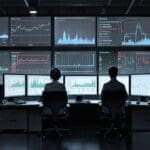 Oficina moderna con computadoras y gráficos financieros en las pantallas