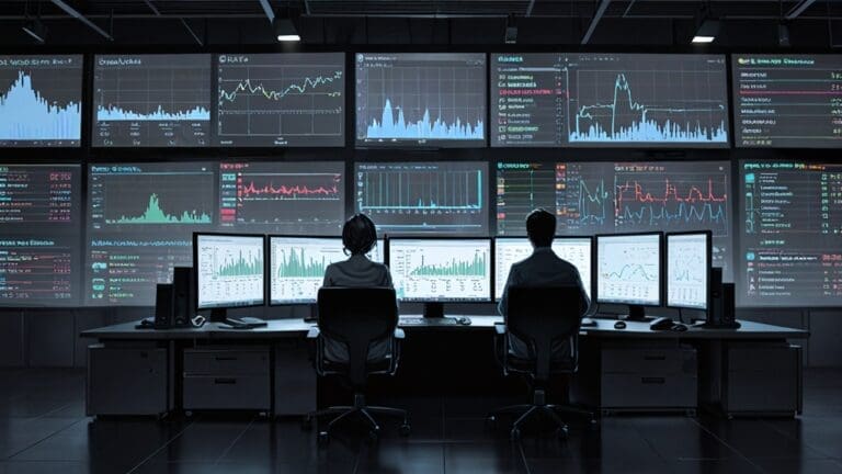 Oficina moderna con computadoras y gráficos financieros en las pantallas