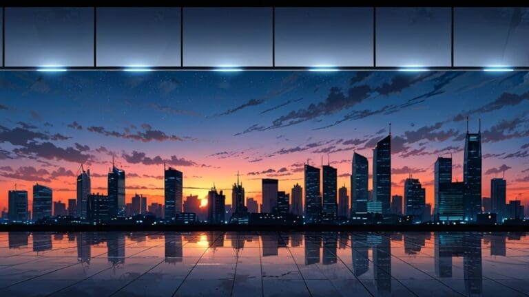 Skyline de edificios corporativos tecnológicos al amanecer.