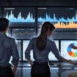 Oficina moderna con computadoras y gráficos de datos en las pantallas