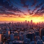 Vista panorámica de un centro tecnológico en la ciudad al atardecer