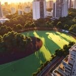 Vista aérea de un parque tecnológico en Sao Paulo al atardecer.