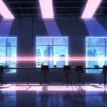 Centro tecnológico moderno con rascacielos y luces vibrantes