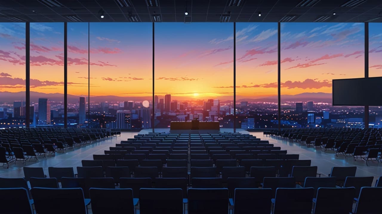 Vista panorámica de un centro de conferencias moderno y tecnológico al amanecer