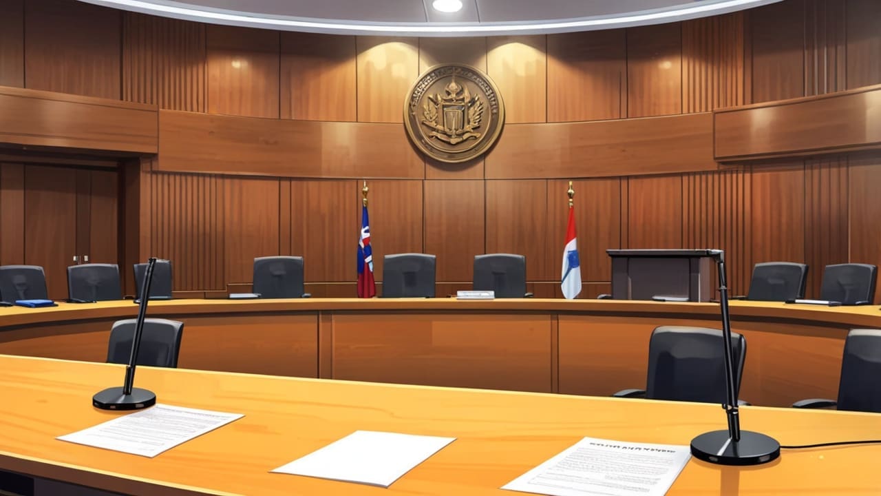 Sala de tribunal moderna con abogados revisando documentos.