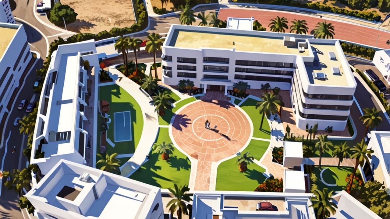 Vista aérea de un centro de conferencias moderno en Marbella rodeado de palmeras y edificios contemporáneos