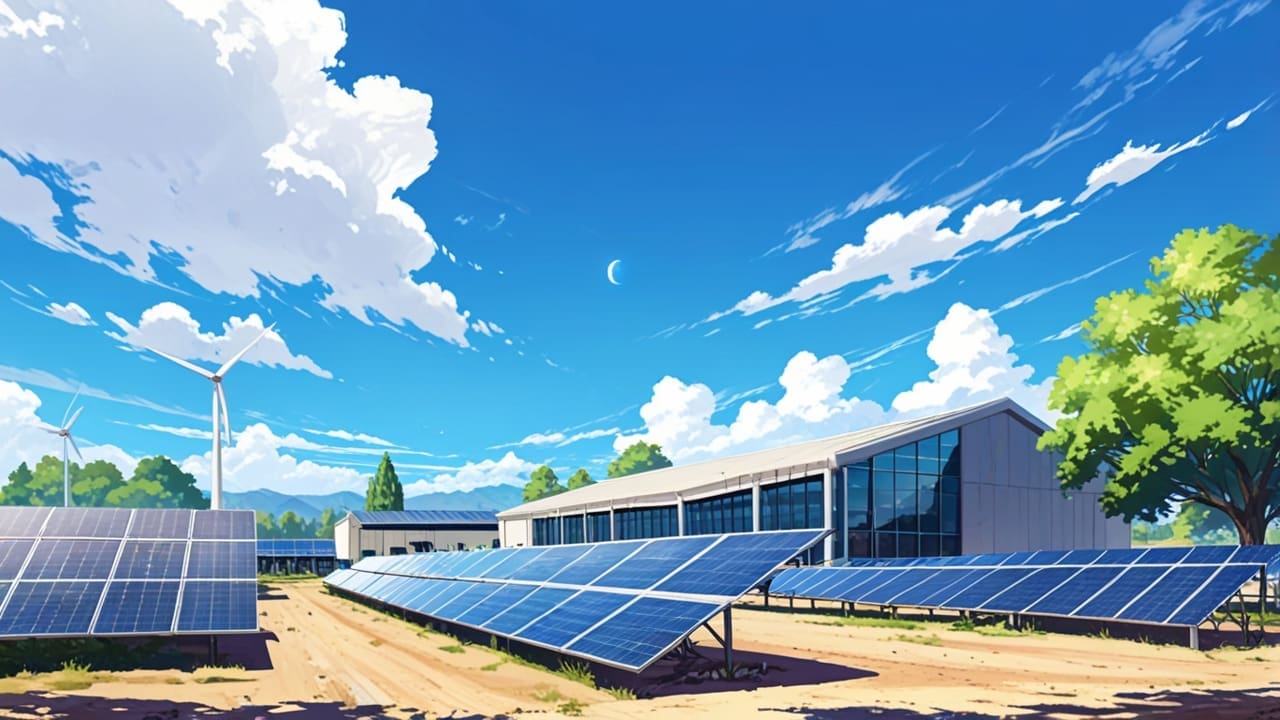 Panorámica de un campus de startups tecnológicas rodeado de naturaleza y energía solar.