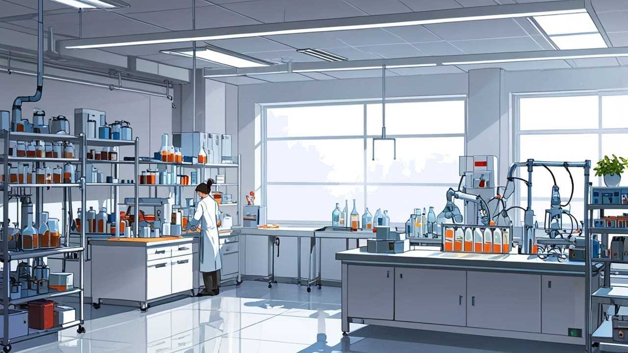 Ilustración dinámica de un laboratorio moderno con equipos tecnológicos de fertilidad.