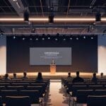 Sala de conferencias moderna con emprendedores presentando proyectos de tecnología en un escenario.