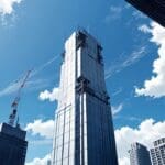 Torre moderna en construcción entre edificios urbanos con un cielo despejado