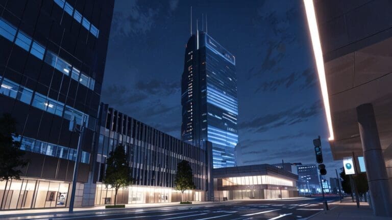 Un moderno centro tecnológico en España al anochecer, con luces brillando y edificios futuristas.